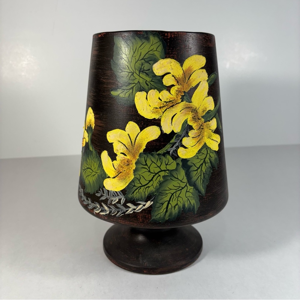 Vintage Elegant Brown Pedestal Vase with Yellow Handpainted‎ Floral Design